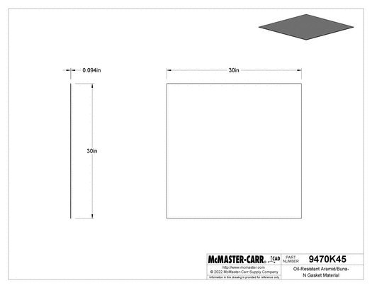 Mcmaster 9470K45 Oil-Resistant Aramid/Buna-N Gasket Material 30" x 30" Sheet, 3/32" Thick