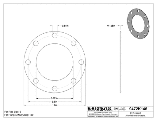 McMaster 9472K643 Oil - Resistant Aramid/Buna - N Gasket with Bolt Holes, for 6 Pipe Size, ANSI Class 150, 1/16" Thick - KVM Tools Inc.KV9472K6431/16