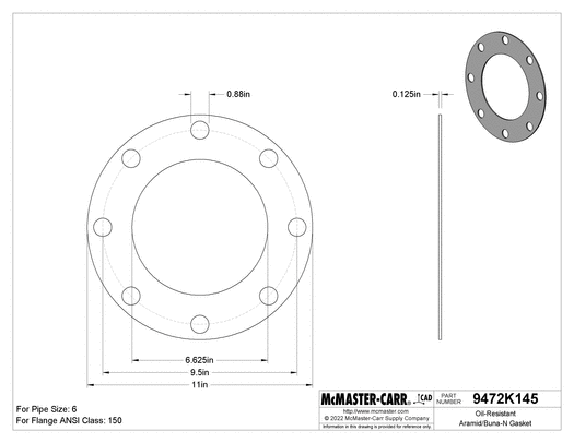 McMaster 9472K643 Oil - Resistant Aramid/Buna - N Gasket with Bolt Holes, for 6 Pipe Size, ANSI Class 150, 1/16" Thick - KVM Tools Inc.KV9472K6431/16