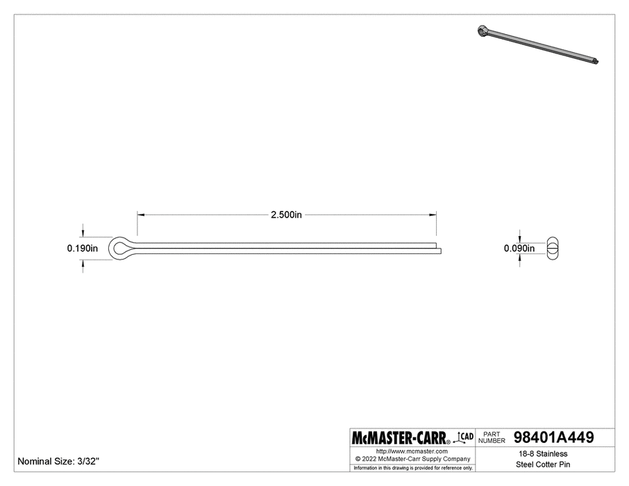 McMaster 98401A449 Pin, cotter 18-8 SS 3/32 in Dia 2-1/2 Length 100 Per Box