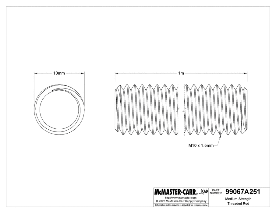 McMaster 99067A251 Medium-Strength Threaded Rod Class 8.8 Zinc-Plated Steel, M10 x 1.5 mm Thread, 1 M Long