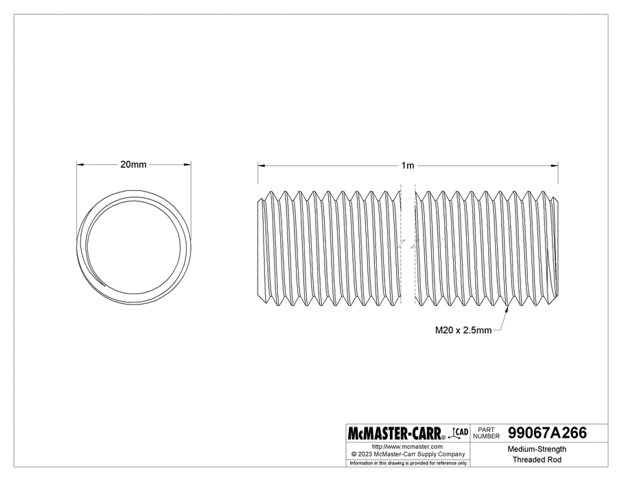 McMaster 99067A266 Medium-Strength Threaded Rod Class 8.8 Zinc-Plated Steel, M20 x 2.5 mm Thread, 1 M Long