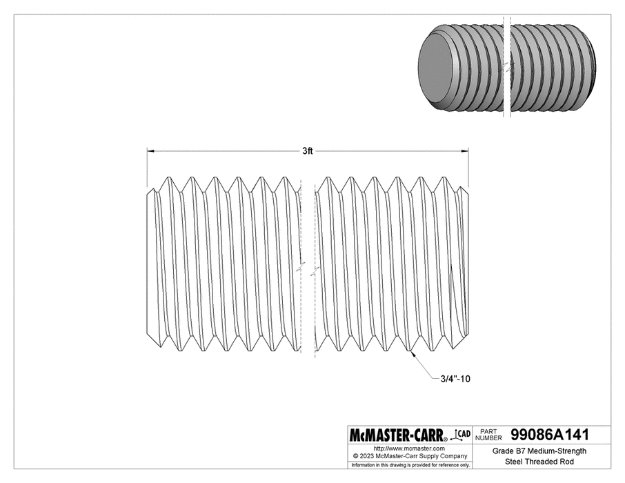 McMaster 99086A141 Grade B7 Medium-Strength Steel Threaded Rod Zinc Yellow-Chromate Plated, 3/4"-10 Thread Size, 3 Feet Long