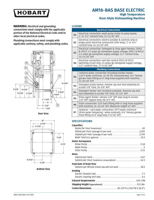 Hobart AM16-BAS-4 Standard 17 Inch Opening High Temp Sanitizing Door Style Dishwasher Single Tank 480 Volts 3 Phase - KVM Tools Inc.KVAM16-BAS-4