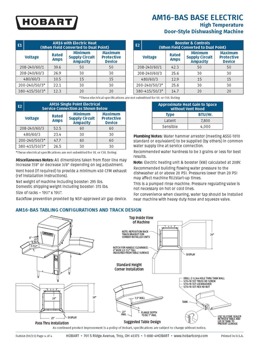 Hobart AM16-BAS-4 Standard 17 Inch Opening High Temp Sanitizing Door Style Dishwasher Single Tank 480 Volts 3 Phase - KVM Tools Inc.KVAM16-BAS-4