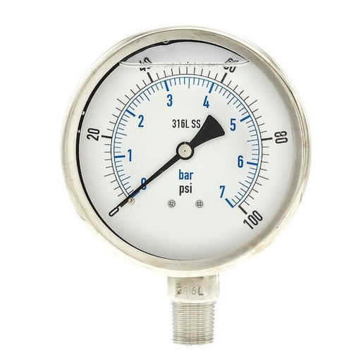 PIC Gauges PRO - 301L - 402E - 01 Industrial Pressure Gauge 0 to 100 psi, 4 in Dial, Liquid - Filled, 1/2 in NPT Male, 300 - KVM Tools Inc.KV30ZV83