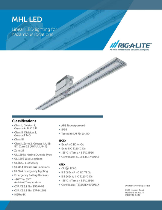 Rig-A-Lite MHL07LC4UMB Linear LED Lighting, Hazardous Location, 4' 54W, Clear, 120-277V - KVM Tools Inc.KVMHL07LC4UMB