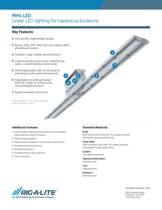 Rig-A-Lite MHL07LC4UBMEM Linear LED Lighting, Hazardous Location, 4' 54W, Clear, 120-277V Emergency Battery Backup - KVM Tools Inc.KVMHL07LC4UBMEM