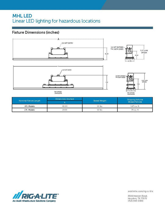 Rig-A-Lite MHL07LC4UBMEM Linear LED Lighting, Hazardous Location, 4' 54W, Clear, 120-277V Emergency Battery Backup - KVM Tools Inc.KVMHL07LC4UBMEM