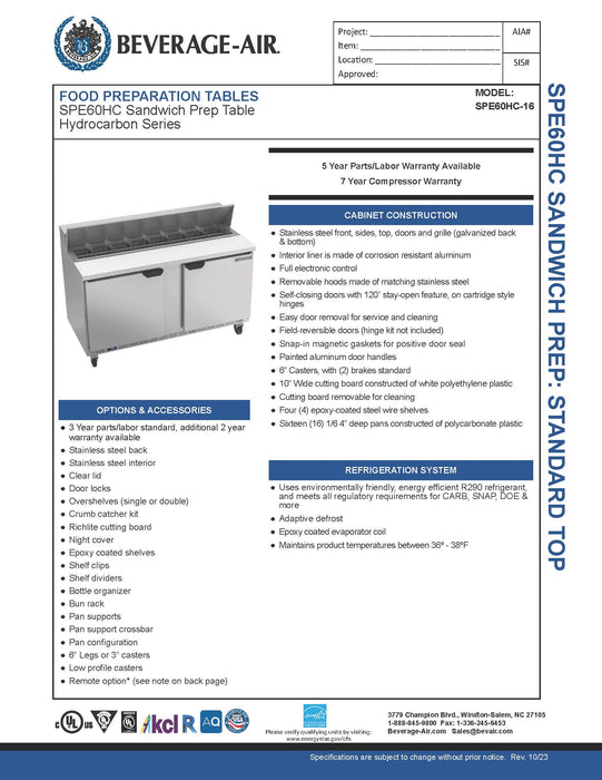 Beverage-Air SPE60HC-16 60" 2 Door Sandwich / Salad Prep Table, (16) 1/6 Size Pans - KVM Tools Inc.KVSPE60HC-16