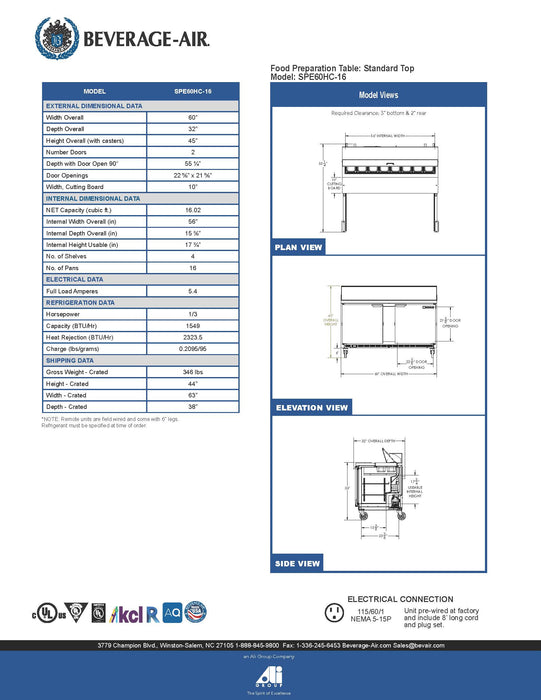 Beverage-Air SPE60HC-16 60" 2 Door Sandwich / Salad Prep Table, (16) 1/6 Size Pans - KVM Tools Inc.KVSPE60HC-16