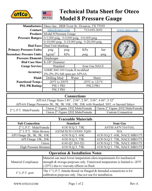 Oteco 381541 Model 8 Pressure Gauge Sour - KVM Tools Inc.KV381541