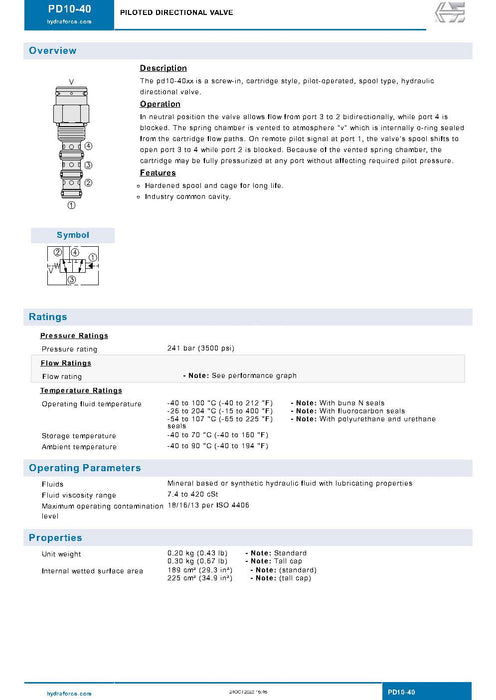 Hydraforce PD10 - 40 - 0 - NS - 110 Piloted 3 - Way Valve - KVM Tools Inc.KVPD10 - 40 - 0 - NS - 110