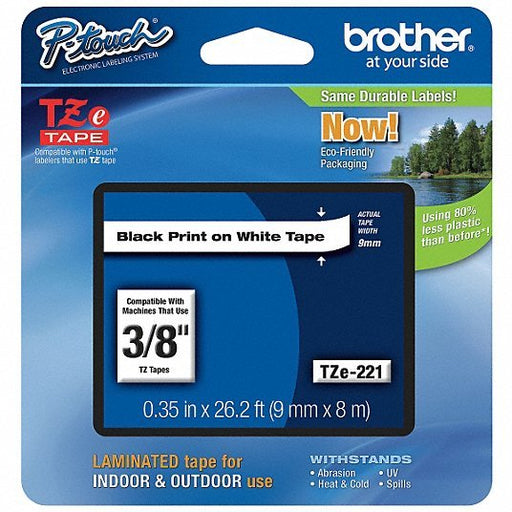 Brother TZe221 Adhesive TZ Tape (R) Cartridge 0.35"x26-1/5ft., Black/White - KVM Tools Inc.KV13C489