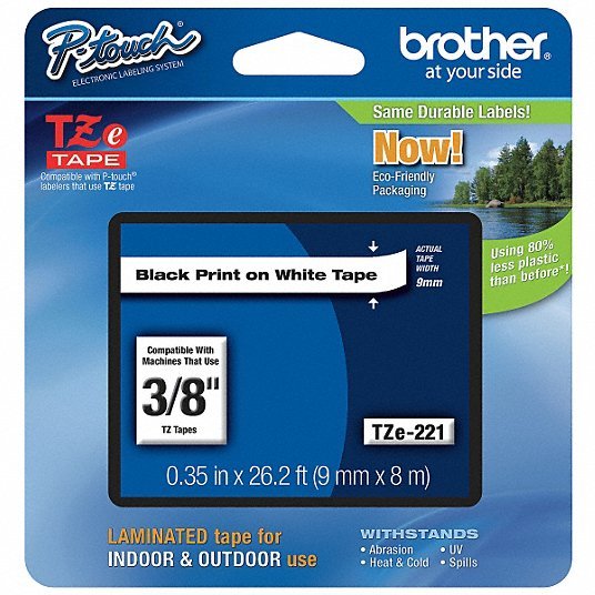 Brother TZe221 Adhesive TZ Tape (R) Cartridge 0.35"x26-1/5ft., Black/White - KVM Tools Inc.KV13C489