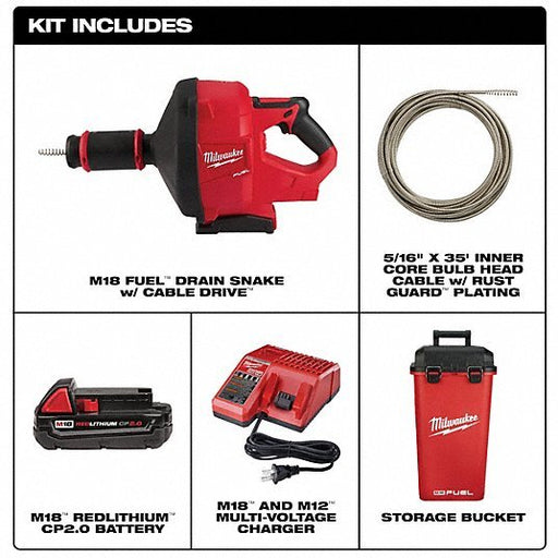 Milwaukee 2772A-21 M18 FUEL Drain Snake w/ CABLE DRIVE w/5/16” Cable - KVM Tools Inc.KV422W06