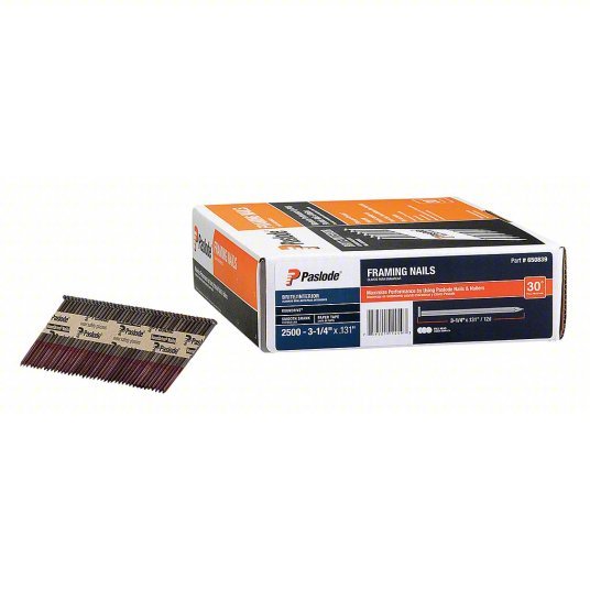 Paslode 650839 Collated Framing Nail, 3-1/4 in L, 10 ga, Brite, Flat Head, 30 Degrees, 2500 PK - KVM Tools Inc.KV31EE22