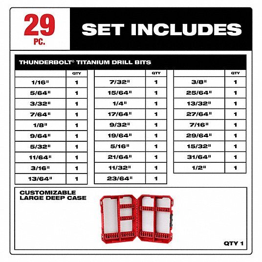 Milwaukee 48-89-0012 Jobber Length Drill Set 1/2 in Smallest Drill Bit Size, 1/16 in Largest Drill Bit Size - KVM Tools Inc.KV21R665