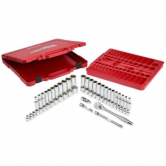 Milwaukee 48-22-9008 Socket Wrench Set 3/8 in Drive Size, 56 Pieces, (26) 6-Point, (25) 6-Point, Chrome - KVM Tools Inc.KV55KM62