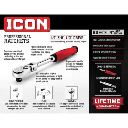 Icon 56194 3/8 in. Drive Professional Short Low-Profile Ratchet - KVM Tools Inc.KVHF56194