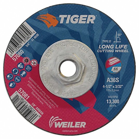 Tiger 57080 4-1/2"x3/32" TIGER AO Type 27 Cutting Wheel A36S 5/8"-11 Nut - KVM Tools Inc.KV43YR10