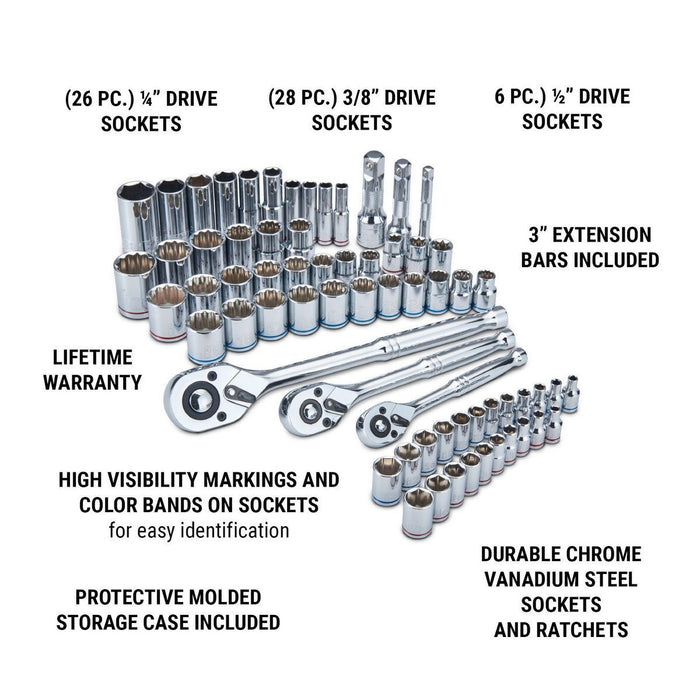 Quinn 64267 1/4 in., 3/8 in., 1/2 in. Drive SAE and Metric Hi-Vis Socket Set, 66-Piece - KVM Tools Inc.KVHF64267