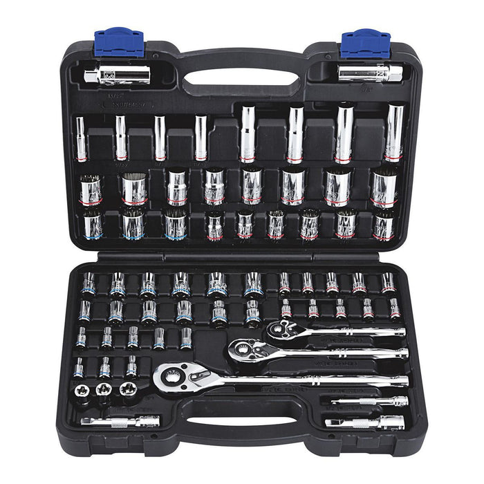 Quinn 64267 1/4 in., 3/8 in., 1/2 in. Drive SAE and Metric Hi-Vis Socket Set, 66-Piece - KVM Tools Inc.KVHF64267