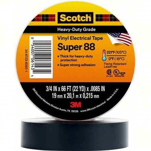 3M Super 88 Insulating Electrical Tape Gen Purpose, Vinyl, 1 1/2 in x 44 ft, Black - KVM Tools Inc.KV784ZV1